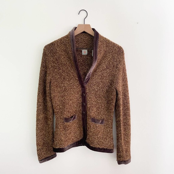 Anthropologie Sweaters - Anthropologie HWR Monogram Brown Teddy Bear Marled Cardigan Sweater Velvet Trim